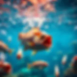 Colorful underwater scene featuring fishing elements