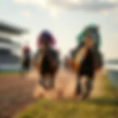 A vibrant racetrack scene showcasing horses in action during a race
